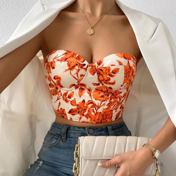 Boho floral print lace up back satin bustier corset tube top - Picture 5 of 11